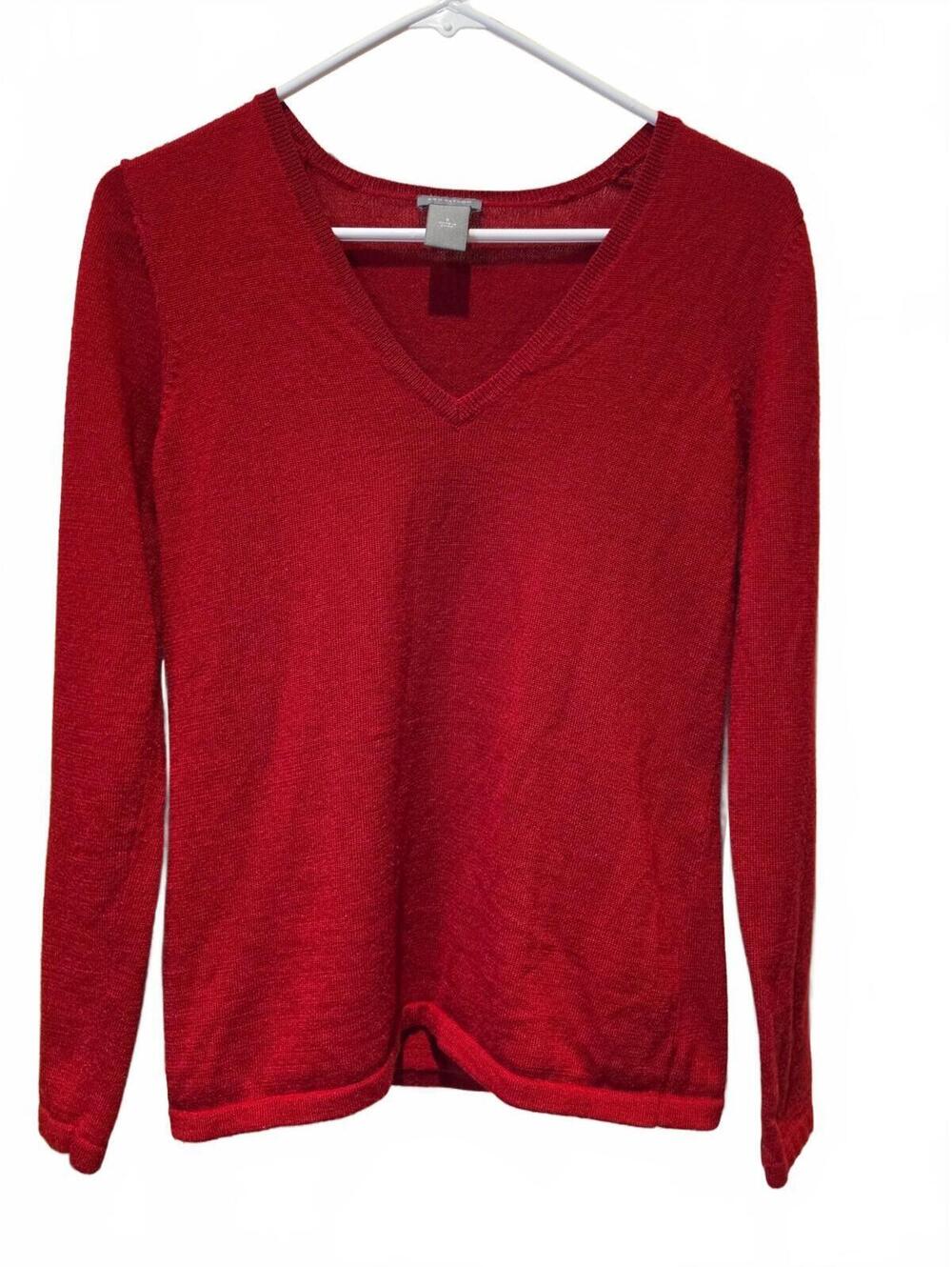 Ann Taylor Solid Red Long Sleeve Pullover V-Neck Wool Blend Sweater - Small